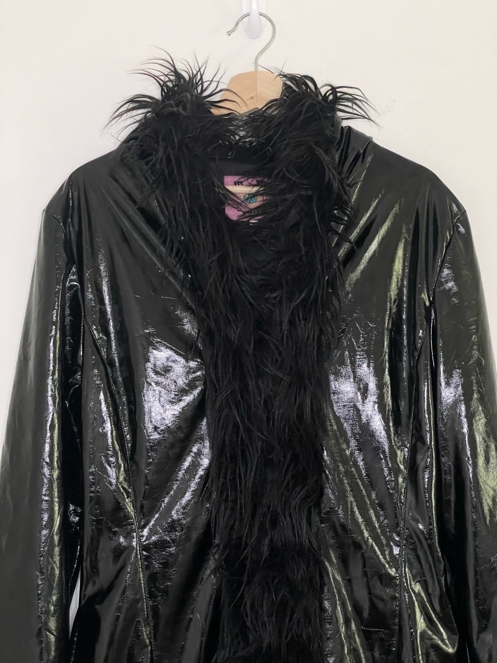 UNIF Imp Coat Glossy Vinyl Faux Fur Trim Hooded Jacket Black Medium Whimsigoth - Picture 6 of 16